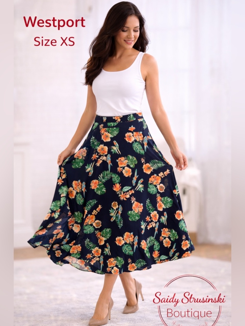 WESTPORT printed floral casual boho summer style midi skirt/size XS